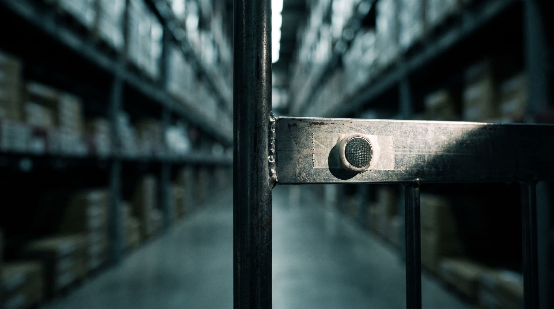 Illustrative photo: a coin-cell Bluetooth beacon tag on a warehouse trolley