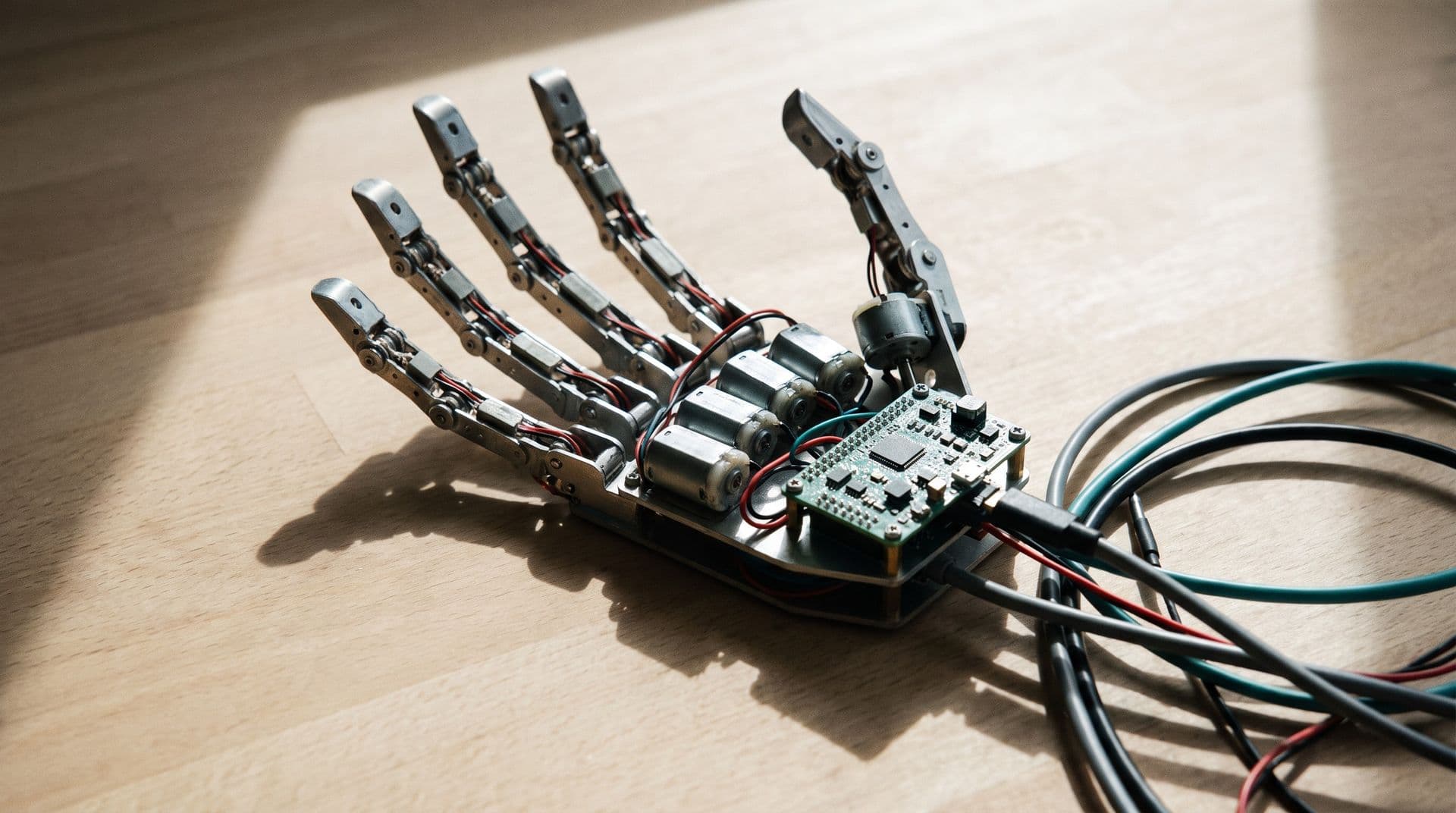 Illustrative photo: a robotic hand with finger motors and a control board