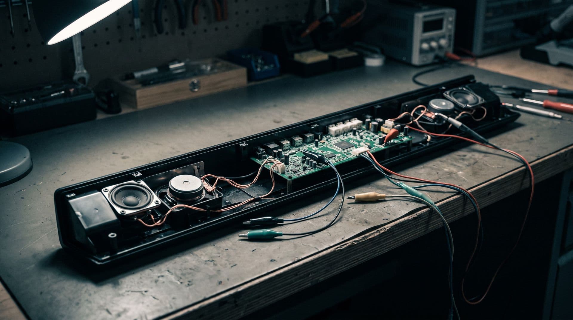 Illustrative photo: an opened soundbar showing its amplifier board on a workbench