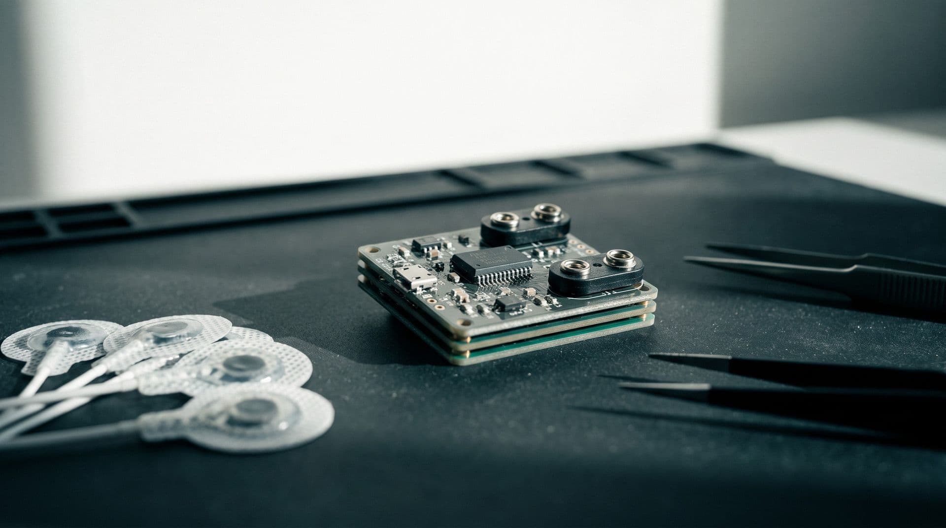 Illustrative photo: a small EMG front-end circuit board with snap electrodes