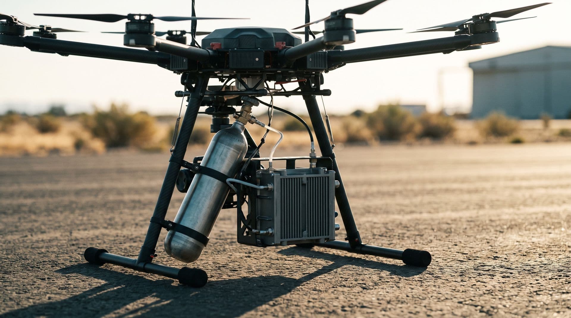 Illustrative photo: a hexacopter drone with a hydrogen cylinder and fuel-cell pack
