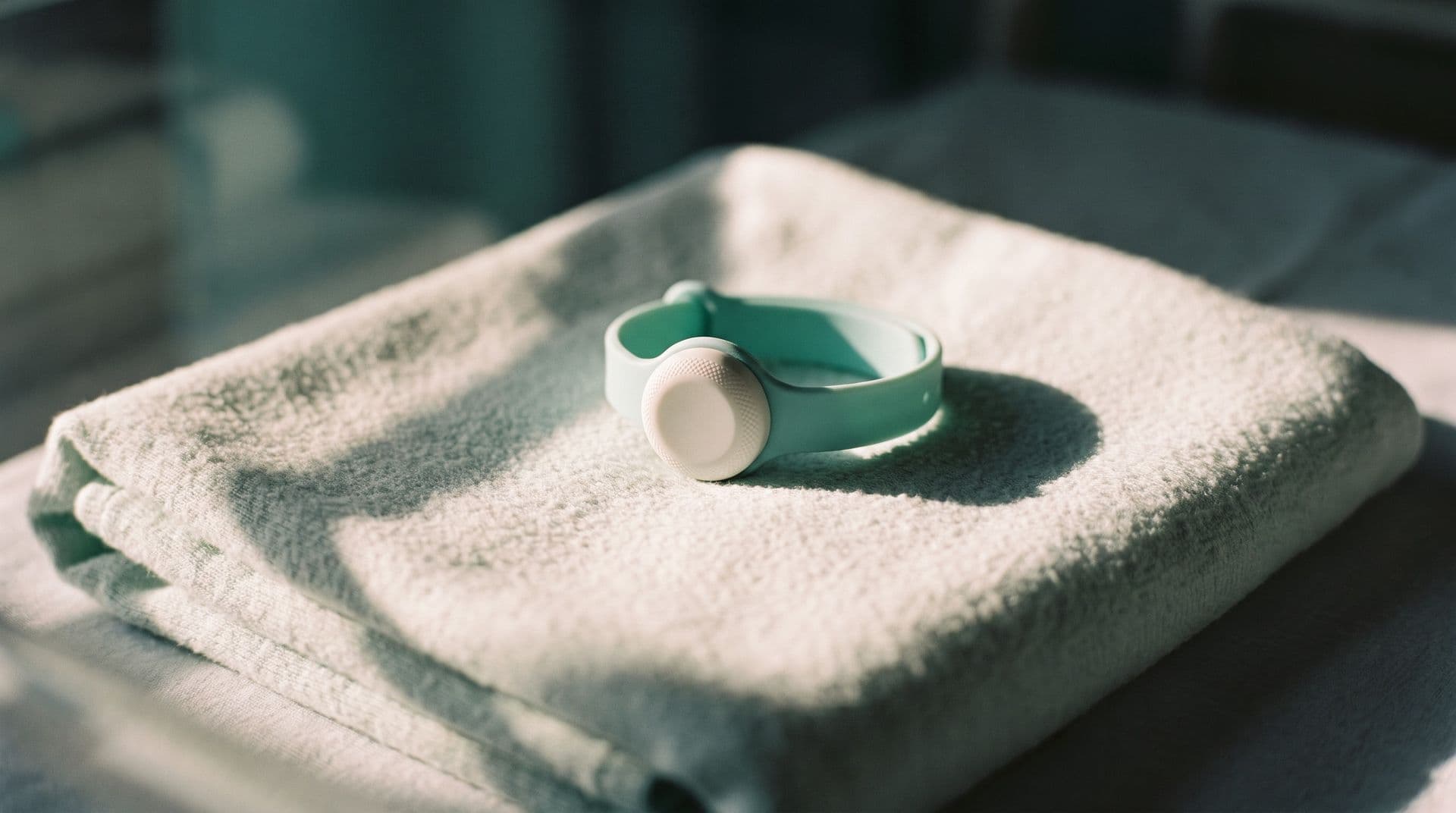 Illustrative photo: a small round wearable sensor pod on a folded neonatal blanket