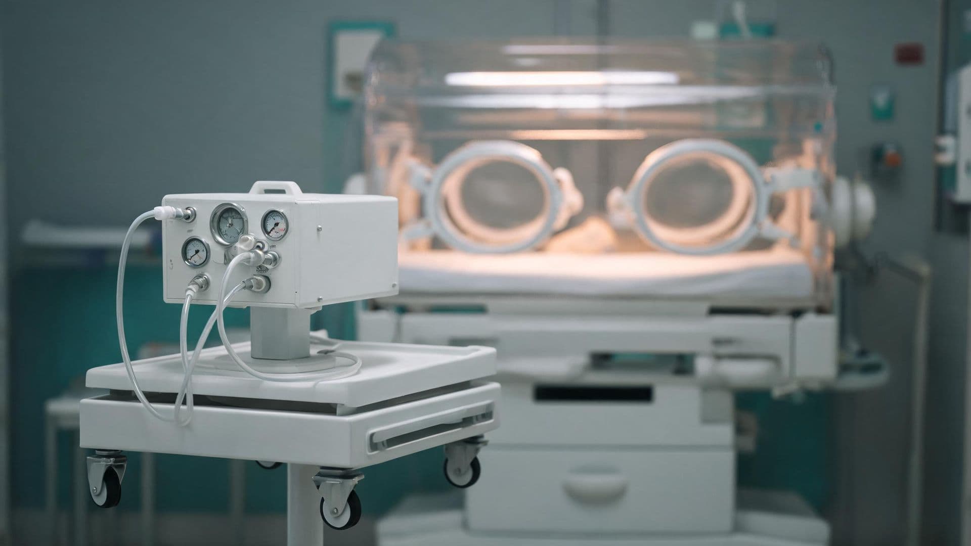 Illustrative photo: a medical gas delivery unit on a cart beside a neonatal incubator