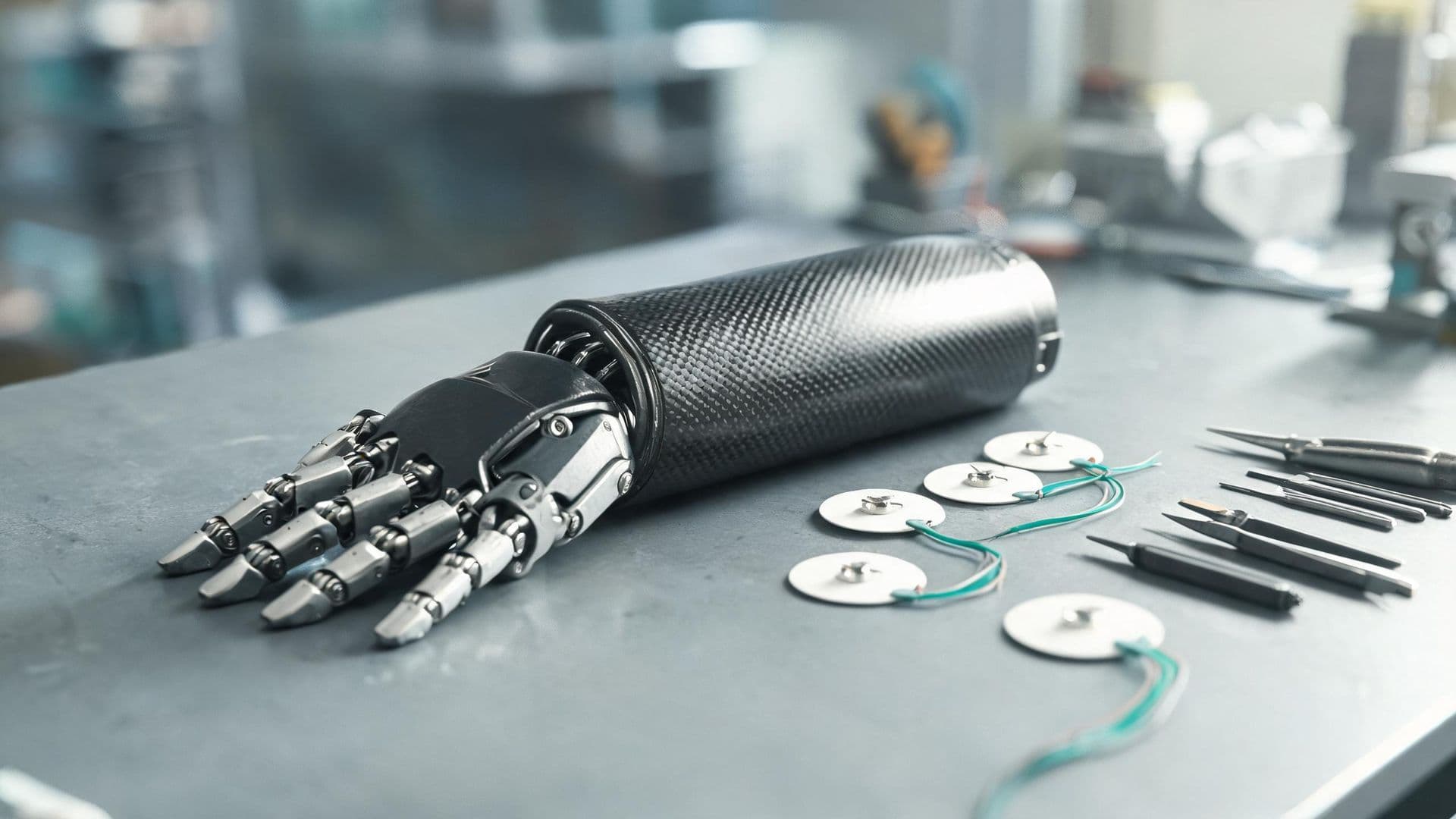 Illustrative photo: a robotic prosthetic hand on a lab bench next to EMG electrodes