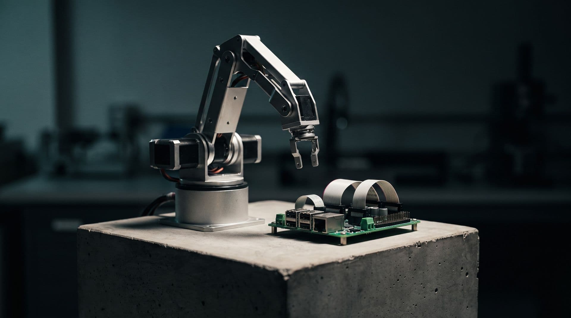 Illustrative photo: a desktop robotic arm beside a motor-controller circuit board