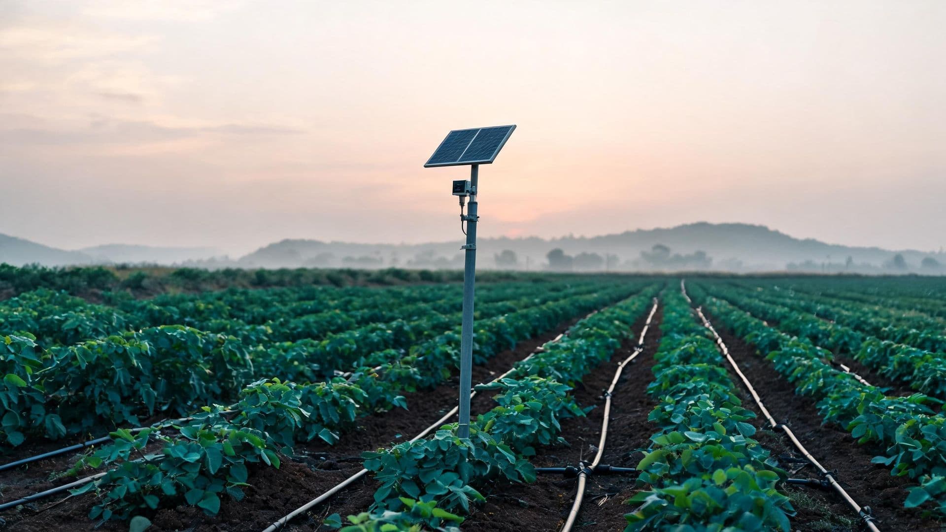 Illustrative photo: a solar-powered soil sensor in a crop field with drip irrigation
