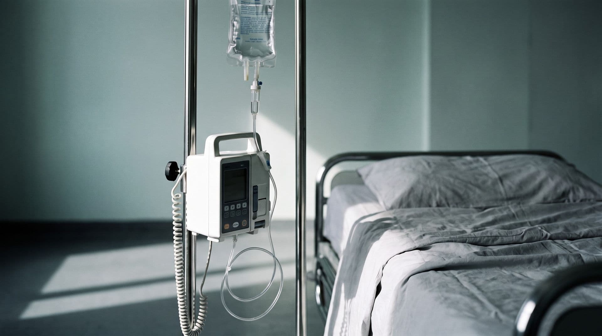 Illustrative photo: an infusion pump on an IV pole beside a hospital bed