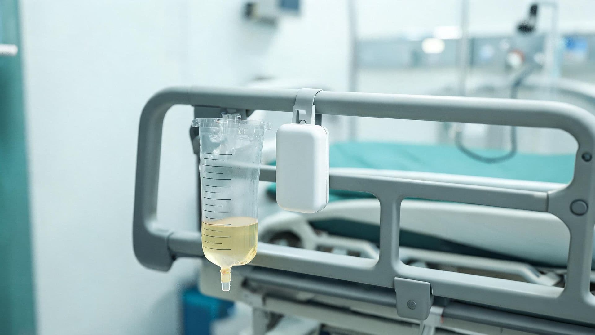 Illustrative photo: a urine collection chamber with an electronic measuring unit on an ICU bed frame