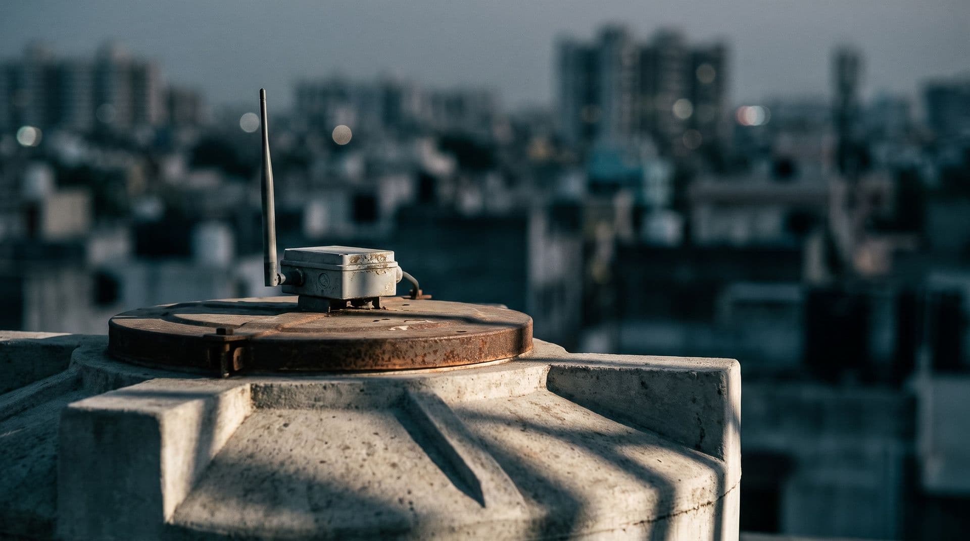 Illustrative photo: a sensor module on a rooftop water tank