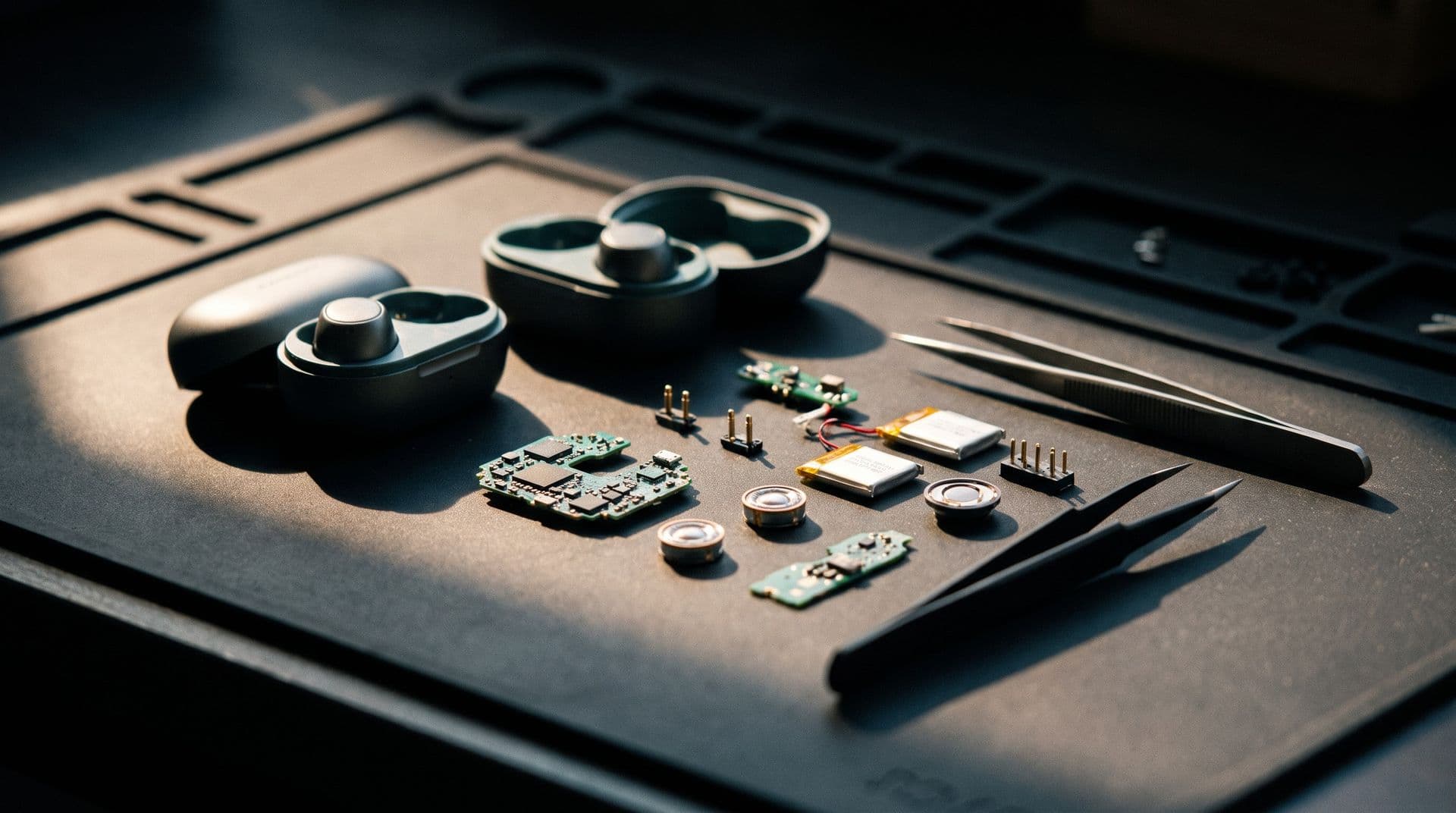 Illustrative photo: disassembled wireless earbuds and charging case on an ESD mat