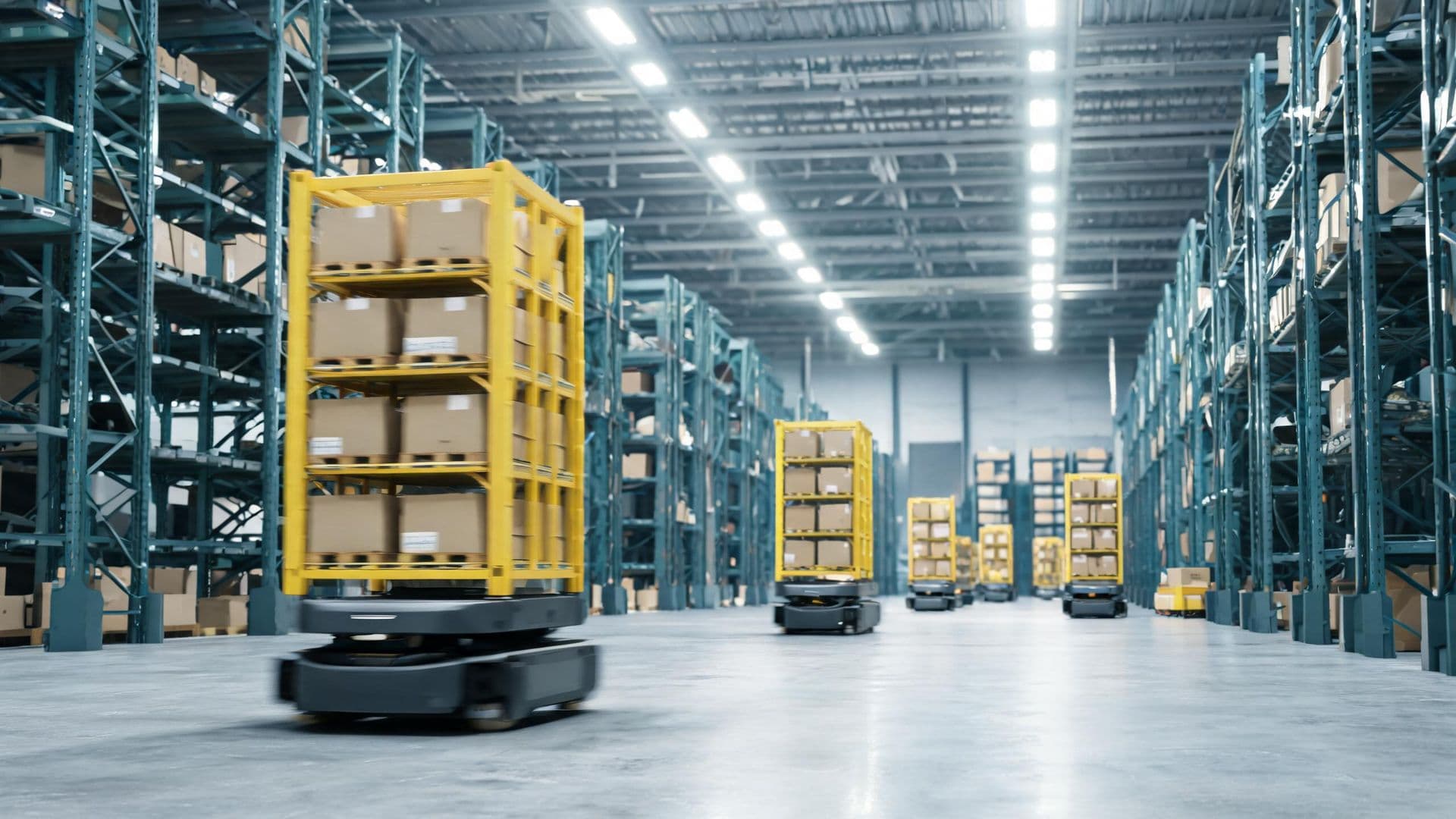 Illustrative photo: autonomous mobile robots carrying shelving pods through a warehouse