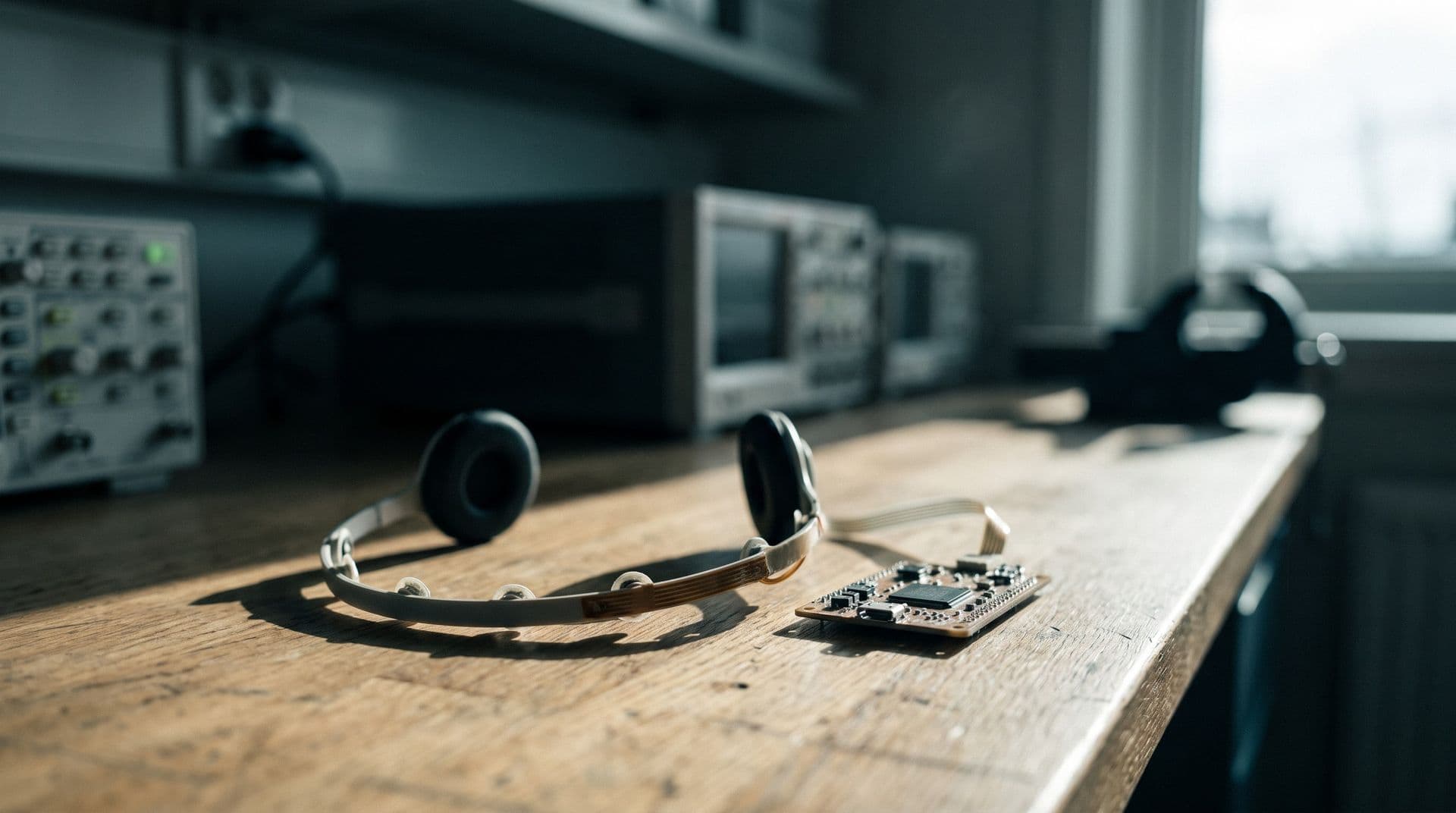 Illustrative photo: an around-ear EEG headset prototype with a circuit board on a lab bench