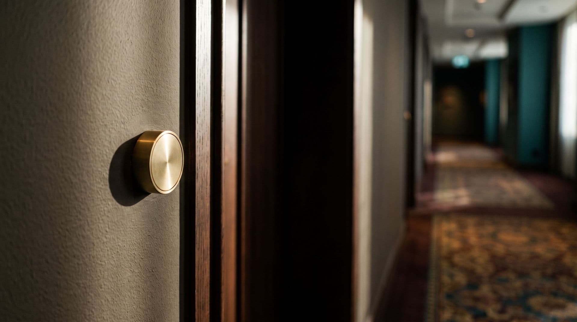 Illustrative photo: a wall-mounted wireless call button in a hotel corridor