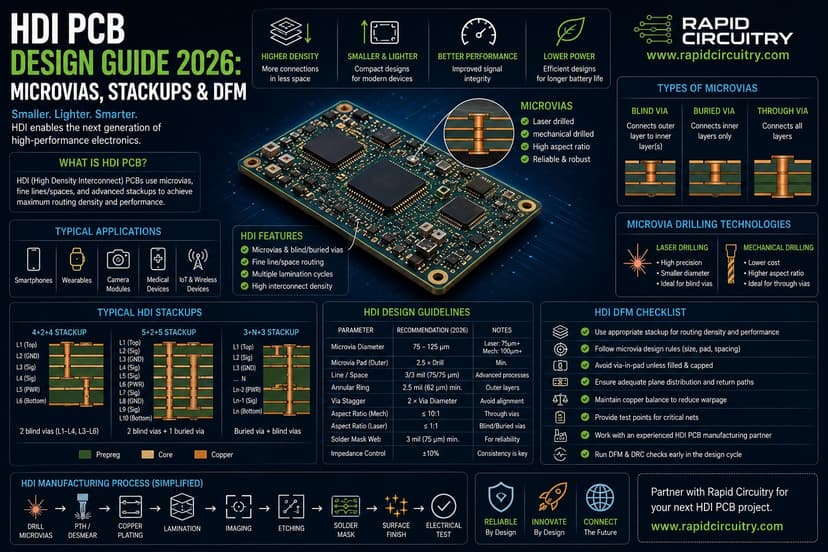 Cover image for HDI PCB Design Guide 2026: Microvias, Stackups & DFM - Rapid Circuitry Blog