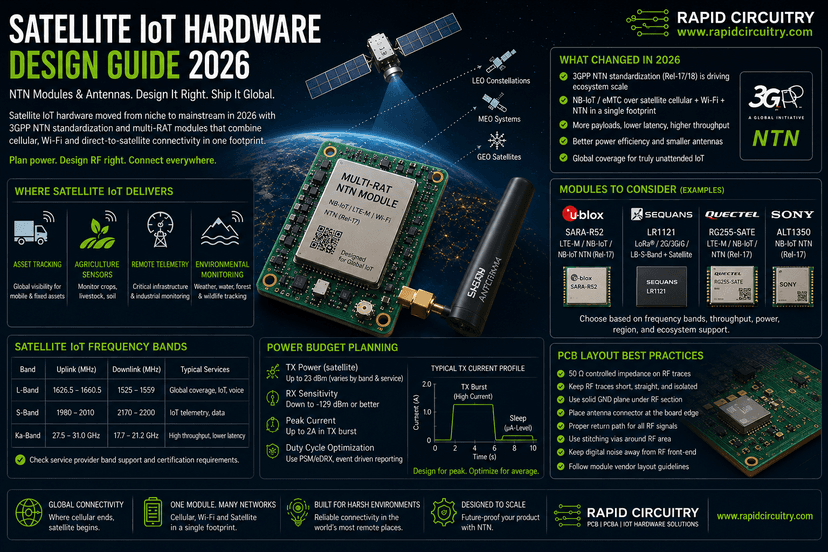 Cover image for Satellite IoT Hardware Design 2026: NTN Modules & Antennas - Rapid Circuitry Blog