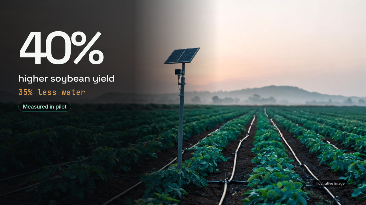 Video poster: “40% higher soybean yield” and “35% less water”, labelled Measured in pilot, over an illustrative photo of a solar-powered sensor pole in a drip-irrigated soybean field at dawn.